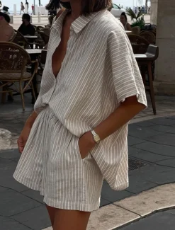 Women's Fashion Streetwear Daily Shorts Sets Short Sleeve Shirt Collar Striped Print Casual Daily Khaki Summer Regular Fit