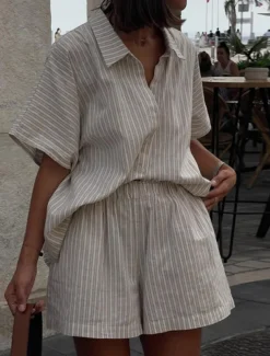 Women's Fashion Streetwear Daily Shorts Sets Short Sleeve Shirt Collar Striped Print Casual Daily Khaki Summer Regular Fit