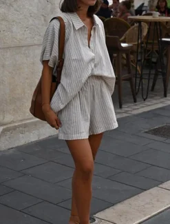 Women's Fashion Streetwear Daily Shorts Sets Short Sleeve Shirt Collar Striped Print Casual Daily Khaki Summer Regular Fit