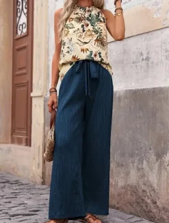 Women's Fashion Streetwear Daily Pants Sets Sleeveless Halter Neck Floral Print Casual Daily Navy Blue Royal Blue Blue Summer Regular Fit