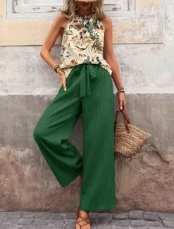 Women's Fashion Streetwear Daily Pants Sets Sleeveless Halter Neck Floral Print Casual Daily Navy Blue Royal Blue Blue Summer Regular Fit