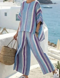 Women's Fashion Streetwear Daily Pants Sets Long Sleeve Round Neck Striped Print Casual Daily Red Blue Green Summer Regular Fit