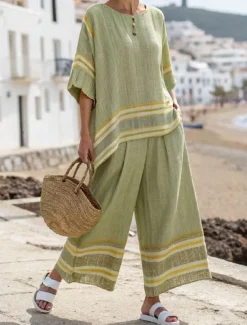 Women's Fashion Streetwear Daily Pants Sets Long Sleeve Round Neck Striped Print Casual Daily Red Blue Green Summer Regular Fit