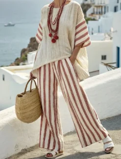 Women's Fashion Streetwear Daily Pants Sets Long Sleeve Round Neck Striped Print Casual Daily Red Blue Green Summer Regular Fit