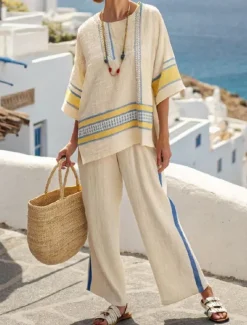 Women's Fashion Streetwear Daily Pants Sets Long Sleeve Round Neck Striped Print Casual Daily Red Blue Green Summer Regular Fit