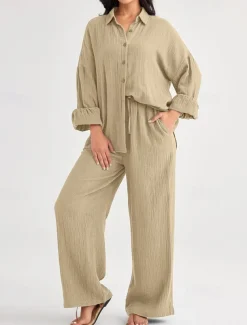 Women's Fashion Streetwear Shirt Two Piece Sets Pants Sets Long Sleeve Shirt Collar Solid Color Drawstring Daily Wear Date Black Wine Army Green Spring Regular Fit