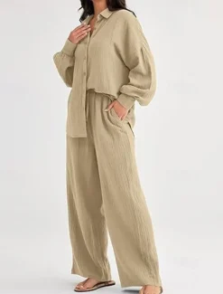 Women's Fashion Streetwear Shirt Two Piece Sets Pants Sets Long Sleeve Shirt Collar Solid Color Drawstring Daily Wear Date Black Wine Army Green Spring Regular Fit