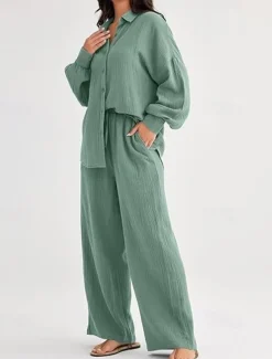 Women's Fashion Streetwear Shirt Two Piece Sets Pants Sets Long Sleeve Shirt Collar Solid Color Drawstring Daily Wear Date Black Wine Army Green Spring Regular Fit