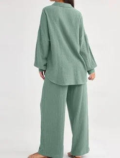 Women's Fashion Streetwear Shirt Two Piece Sets Pants Sets Long Sleeve Shirt Collar Solid Color Drawstring Daily Wear Date Black Wine Army Green Spring Regular Fit