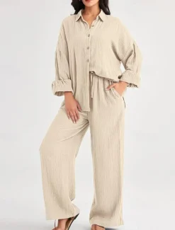 Women's Fashion Streetwear Shirt Two Piece Sets Pants Sets Long Sleeve Shirt Collar Solid Color Drawstring Daily Wear Date Black Wine Army Green Spring Regular Fit