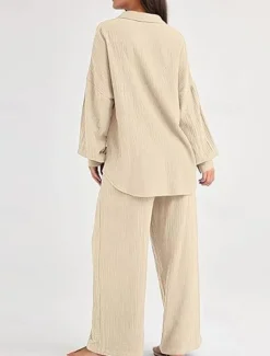 Women's Fashion Streetwear Shirt Two Piece Sets Pants Sets Long Sleeve Shirt Collar Solid Color Drawstring Daily Wear Date Black Wine Army Green Spring Regular Fit