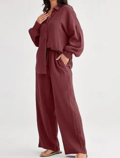 Women's Fashion Streetwear Shirt Two Piece Sets Pants Sets Long Sleeve Shirt Collar Solid Color Drawstring Daily Wear Date Black Wine Army Green Spring Regular Fit