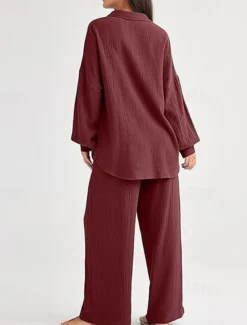 Women's Fashion Streetwear Shirt Two Piece Sets Pants Sets Long Sleeve Shirt Collar Solid Color Drawstring Daily Wear Date Black Wine Army Green Spring Regular Fit