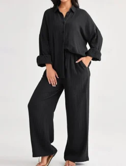 Women's Fashion Streetwear Shirt Two Piece Sets Pants Sets Long Sleeve Shirt Collar Solid Color Drawstring Daily Wear Date Black Wine Army Green Spring Regular Fit