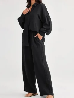 Women's Fashion Streetwear Shirt Two Piece Sets Pants Sets Long Sleeve Shirt Collar Solid Color Drawstring Daily Wear Date Black Wine Army Green Spring Regular Fit