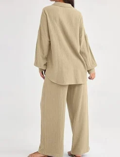 Women's Fashion Streetwear Shirt Two Piece Sets Pants Sets Long Sleeve Shirt Collar Solid Color Drawstring Daily Wear Date Black Wine Army Green Spring Regular Fit