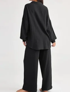 Women's Fashion Streetwear Shirt Two Piece Sets Pants Sets Long Sleeve Shirt Collar Solid Color Drawstring Daily Wear Date Black Wine Army Green Spring Regular Fit