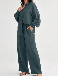 Women's Fashion Streetwear Shirt Two Piece Sets Pants Sets Long Sleeve Shirt Collar Solid Color Drawstring Daily Wear Date Black Wine Army Green Spring Regular Fit