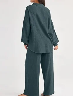 Women's Fashion Streetwear Shirt Two Piece Sets Pants Sets Long Sleeve Shirt Collar Solid Color Drawstring Daily Wear Date Black Wine Army Green Spring Regular Fit