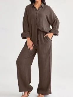 Women's Fashion Streetwear Shirt Two Piece Sets Pants Sets Long Sleeve Shirt Collar Solid Color Drawstring Daily Wear Date Black Wine Army Green Spring Regular Fit