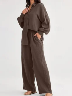 Women's Fashion Streetwear Shirt Two Piece Sets Pants Sets Long Sleeve Shirt Collar Solid Color Drawstring Daily Wear Date Black Wine Army Green Spring Regular Fit