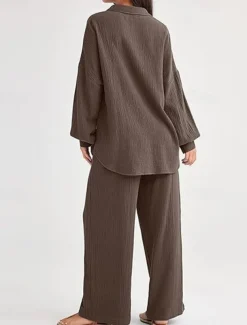 Women's Fashion Streetwear Shirt Two Piece Sets Pants Sets Long Sleeve Shirt Collar Solid Color Drawstring Daily Wear Date Black Wine Army Green Spring Regular Fit