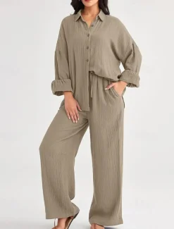 Women's Fashion Streetwear Shirt Two Piece Sets Pants Sets Long Sleeve Shirt Collar Solid Color Drawstring Daily Wear Date Black Wine Army Green Spring Regular Fit