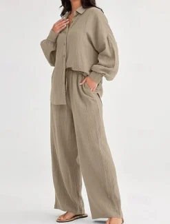 Women's Fashion Streetwear Shirt Two Piece Sets Pants Sets Long Sleeve Shirt Collar Solid Color Drawstring Daily Wear Date Black Wine Army Green Spring Regular Fit