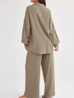 Women's Fashion Streetwear Shirt Two Piece Sets Pants Sets Long Sleeve Shirt Collar Solid Color Drawstring Daily Wear Date Black Wine Army Green Spring Regular Fit