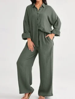 Women's Fashion Streetwear Shirt Two Piece Sets Pants Sets Long Sleeve Shirt Collar Solid Color Drawstring Daily Wear Date Black Wine Army Green Spring Regular Fit