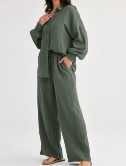 Women's Fashion Streetwear Shirt Two Piece Sets Pants Sets Long Sleeve Shirt Collar Solid Color Drawstring Daily Wear Date Black Wine Army Green Spring Regular Fit