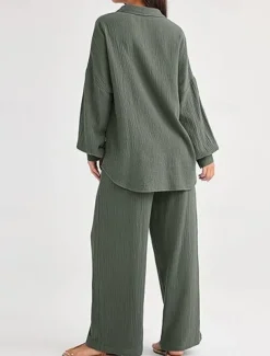 Women's Fashion Streetwear Shirt Two Piece Sets Pants Sets Long Sleeve Shirt Collar Solid Color Drawstring Daily Wear Date Black Wine Army Green Spring Regular Fit