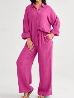 Women's Fashion Streetwear Shirt Two Piece Sets Pants Sets Long Sleeve Shirt Collar Solid Color Drawstring Daily Wear Date Black Wine Army Green Spring Regular Fit