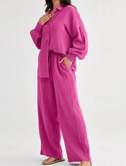 Women's Fashion Streetwear Shirt Two Piece Sets Pants Sets Long Sleeve Shirt Collar Solid Color Drawstring Daily Wear Date Black Wine Army Green Spring Regular Fit