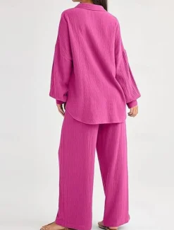 Women's Fashion Streetwear Shirt Two Piece Sets Pants Sets Long Sleeve Shirt Collar Solid Color Drawstring Daily Wear Date Black Wine Army Green Spring Regular Fit