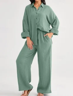 Women's Fashion Streetwear Shirt Two Piece Sets Pants Sets Long Sleeve Shirt Collar Solid Color Drawstring Daily Wear Date Black Wine Army Green Spring Regular Fit