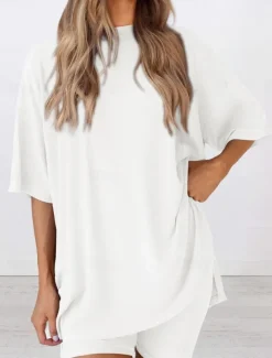Women's Fashion Streetwear Daily Shorts Sets Short Sleeve Crew Neck Solid Color Casual Daily Black White Red Summer Loose Fit