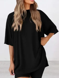 Women's Fashion Streetwear Daily Shorts Sets Short Sleeve Crew Neck Solid Color Casual Daily Black White Red Summer Loose Fit