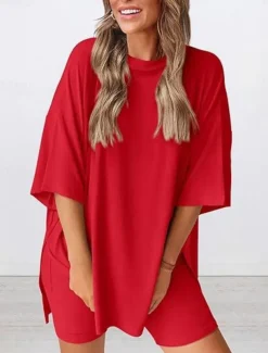 Women's Fashion Streetwear Daily Shorts Sets Short Sleeve Crew Neck Solid Color Casual Daily Black White Red Summer Loose Fit