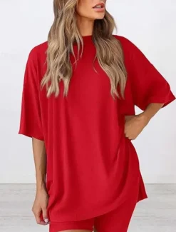Women's Fashion Streetwear Daily Shorts Sets Short Sleeve Crew Neck Solid Color Casual Daily Black White Red Summer Loose Fit
