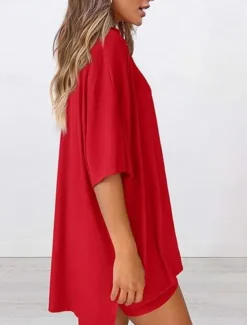 Women's Fashion Streetwear Daily Shorts Sets Short Sleeve Crew Neck Solid Color Casual Daily Black White Red Summer Loose Fit