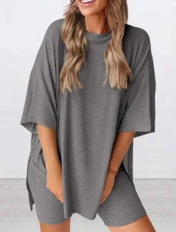 Women's Fashion Streetwear Daily Shorts Sets Short Sleeve Crew Neck Solid Color Casual Daily Black White Red Summer Loose Fit