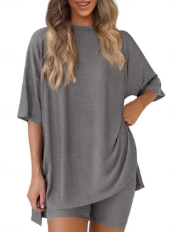 Women's Fashion Streetwear Daily Shorts Sets Short Sleeve Crew Neck Solid Color Casual Daily Black White Red Summer Loose Fit