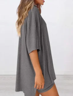 Women's Fashion Streetwear Daily Shorts Sets Short Sleeve Crew Neck Solid Color Casual Daily Black White Red Summer Loose Fit