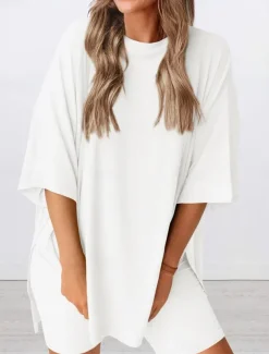 Women's Fashion Streetwear Daily Shorts Sets Short Sleeve Crew Neck Solid Color Casual Daily Black White Red Summer Loose Fit