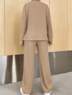 Women's Fashion Streetwear Daily Sweatshirt Sweatpants Long Sleeve Crew Neck Plain Casual Daily Navy Blue Blue Khaki Fall Regular Fit