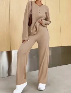 Women's Fashion Streetwear Daily Sweatshirt Sweatpants Long Sleeve Crew Neck Plain Casual Daily Navy Blue Blue Khaki Fall Regular Fit