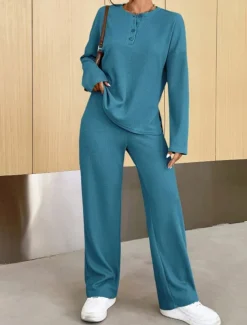 Women's Fashion Streetwear Daily Sweatshirt Sweatpants Long Sleeve Crew Neck Plain Casual Daily Navy Blue Blue Khaki Fall Regular Fit