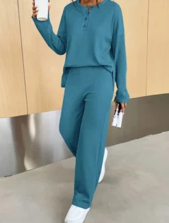 Women's Fashion Streetwear Daily Sweatshirt Sweatpants Long Sleeve Crew Neck Plain Casual Daily Navy Blue Blue Khaki Fall Regular Fit