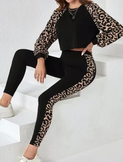Women's Fashion Streetwear Daily Sweatshirt Chinos Long Sleeve Crew Neck Leopard Print Casual Daily Black Fall Regular Fit